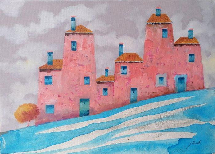 Guido Borelli - Borgata rosa, Antiek en Kunst, Kunst | Schilderijen | Modern