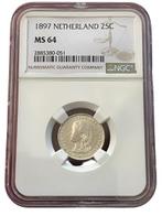Koningin Wilhelmina 25 cent 1897 MS64 NGC gecertificeerd, Zilver, Losse munt, Verzenden