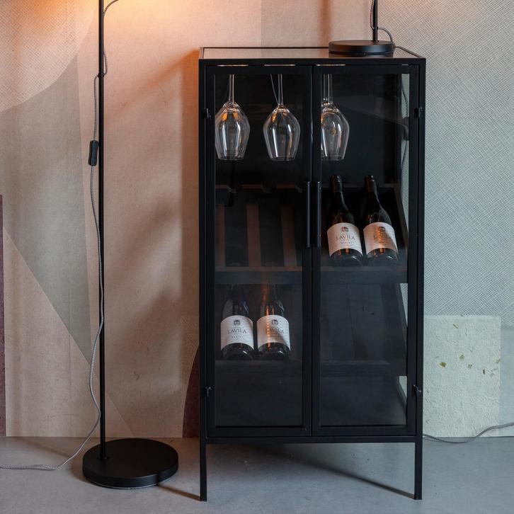 *WOONWINKEL* Wijnkast Zwart Met Glazen Deuren, Huis en Inrichting, Woonaccessoires | Wijnrekken, Nieuw, Verzenden