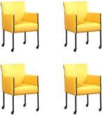 Set van 4 Gele leren moderne kuipstoel - poot rond zwart met, Huis en Inrichting, Stoelen, Nieuw, Leer, Ophalen of Verzenden, Vier
