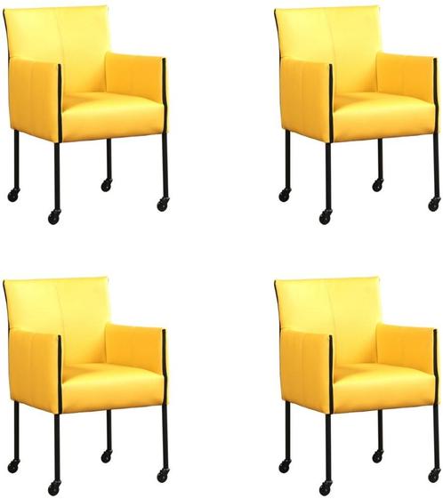 Set van 4 Gele leren moderne kuipstoel - poot rond zwart met, Huis en Inrichting, Stoelen, Vier, Nieuw, Leer, Ophalen of Verzenden