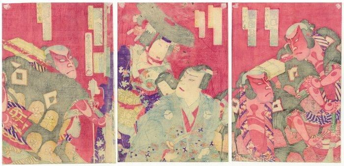 Toyohara Kunichika – Ukiyo-e Triptych “Yosooite Shinoda no, Antiek en Kunst, Antiek | Overige Antiek