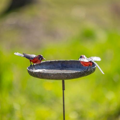 Sculptuuur voor buiten, Vogeldrinkbak met twee roodborsten, Antiek en Kunst, Kunst | Designobjecten