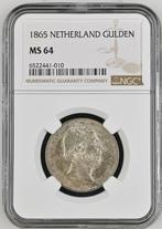 Koning Willem III 1 Gulden 1865 MS64 NGC gecertificeerd, Zilver, Losse munt, Verzenden