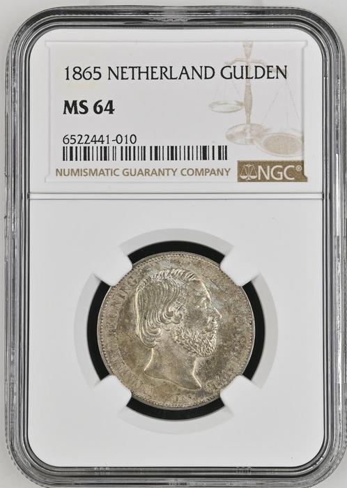 Koning Willem III 1 Gulden 1865 MS64 NGC gecertificeerd, Postzegels en Munten, Munten | Nederland, Losse munt, Zilver, Verzenden