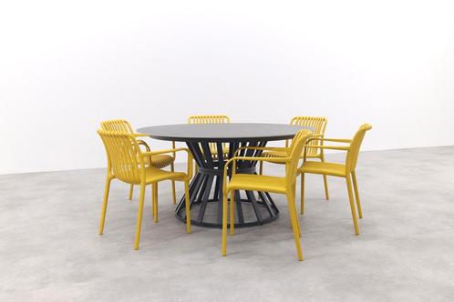 Stripe mosterdgeel/GI Nassau Ø150 - 7-Delige ronde tuinset, Tuin en Terras, Tuinsets en Loungesets, Tuinset, Nieuw, Kunststof