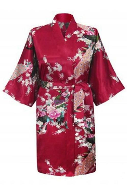 KIMU® Kimono Donkerrood Kort XL-XXL Yukata Satijn Boven de K, Kleding | Dames, Carnavalskleding en Feestkleding, Nieuw, Maat 46/48 (XL) of groter
