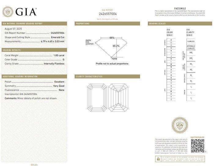 1 pcs Diamant (Natuurlijk) - 1.00 ct - Smaragd - G - IF -, Sieraden, Tassen en Uiterlijk, Edelstenen