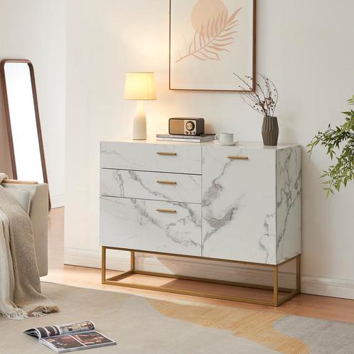 Sideboard Lavangen commode 75x100x35 cm marmerlook wit en go, Huis en Inrichting, Kasten | Dressoirs, Verzenden