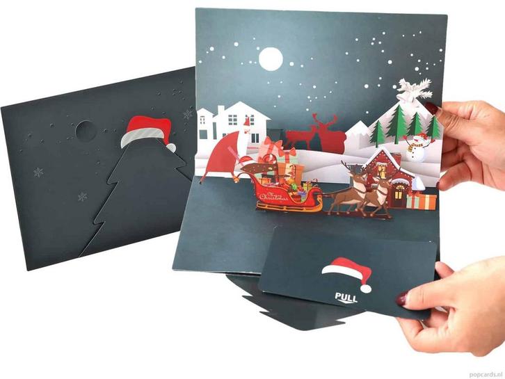 Sfeervolle kerstkaart Kerstman rendieren pop-up kaart, Diversen, Wenskaarten, Verzenden