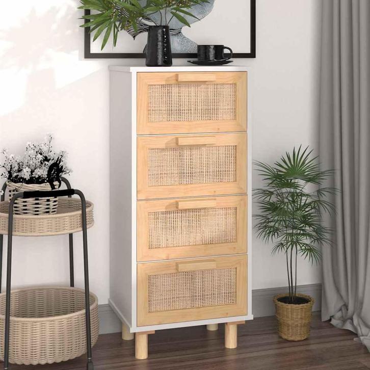 vidaXL Dressoir 40x30x90 cm massief grenenhout en rattan wit, Huis en Inrichting, Kasten | Dressoirs, 25 tot 50 cm, Nieuw, Minder dan 50 cm