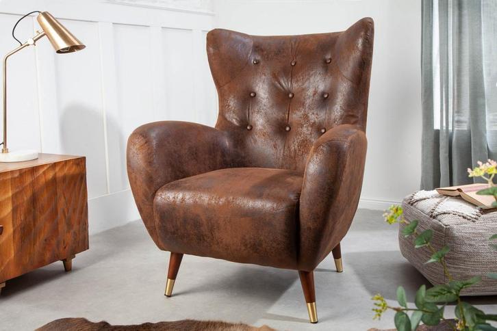 Retro Design Armstoel DON Antiek Bruin Goud Voetdoppen met, Huis en Inrichting, Stoelen, Ophalen of Verzenden