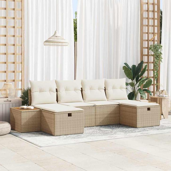 vidaXL Tuin Sofa Set met kussen 6 pcs Beige Poly riet, Tuin en Terras, Tuinsets en Loungesets, Nieuw, Rotan, Verzenden