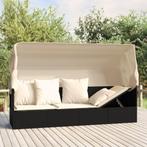 vidaXL Loungebed met luifel en kussens poly rattan zwart, Tuin en Terras, Verzenden, Nieuw