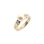 Vintage bicolor gouden ring met parel en diamant | 0,12 ct., Gebruikt, Overige kleuren, Ophalen of Verzenden, Kleiner dan 17