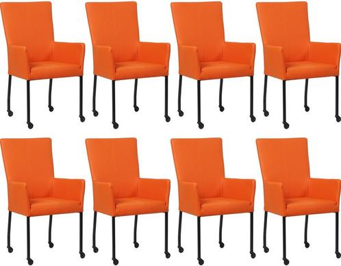 Set van 8 Oranje leren moderne eetkamerstoelen - met armleun, Huis en Inrichting, Stoelen, Vijf, Zes of meer stoelen, Nieuw, Leer