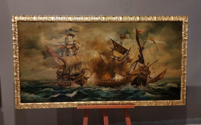 Franse school (XX) - Grande battaglia navale antica - XL, Antiek en Kunst, Kunst | Schilderijen | Klassiek