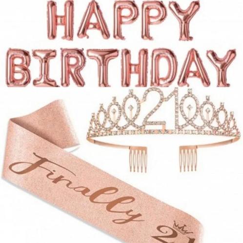 Finally 21 set rosé goud met diadeem, sjerp en ballonslinger, Hobby en Vrije tijd, Feestartikelen, Verjaardag, Nieuw, Feestartikel