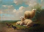 Auguste Bonheur (1824-1884) - Schapen en kippen in landschap, Antiek en Kunst