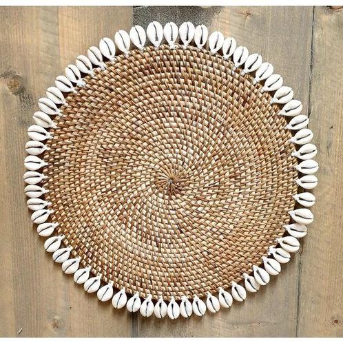 Wanddecoratie rotan/Schelpen cirkel 37 cm naturel Janne., Tuin en Terras, Tuinwanddecoratie, Verzenden