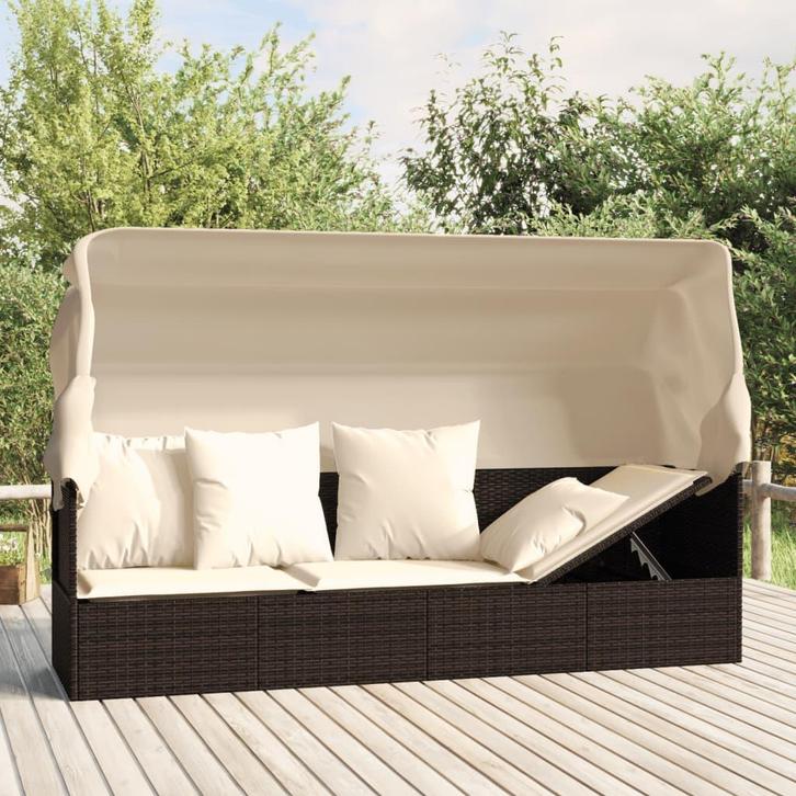 vidaXL Loungebed met luifel en kussens poly rattan bruin, Tuin en Terras, Ligbedden, Nieuw, Verzenden