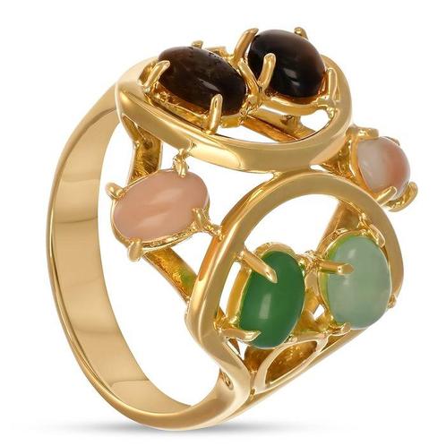 Ring - 18 karaat Geel goud, Rood koraal - Jade - tijgeroog, Sieraden, Tassen en Uiterlijk, Antieke sieraden