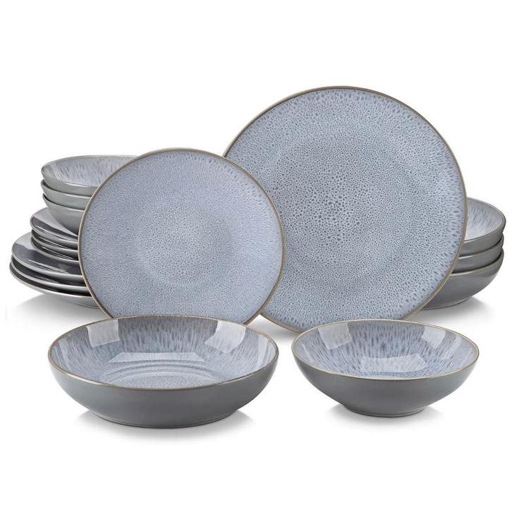 Nieuw: Grijs Reliëf Aardewerk Serviesset 16-delig Keramisch, Huis en Inrichting, Keuken | Servies, Compleet servies, Nieuw, Keramiek