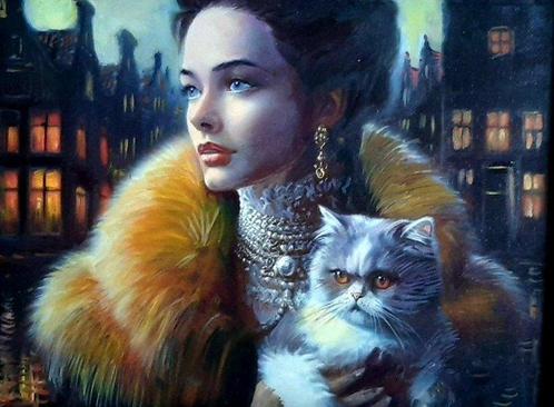 Elena Polyakova (1970) - Girl with Persian cat in Amsterdam, Antiek en Kunst, Kunst | Schilderijen | Klassiek