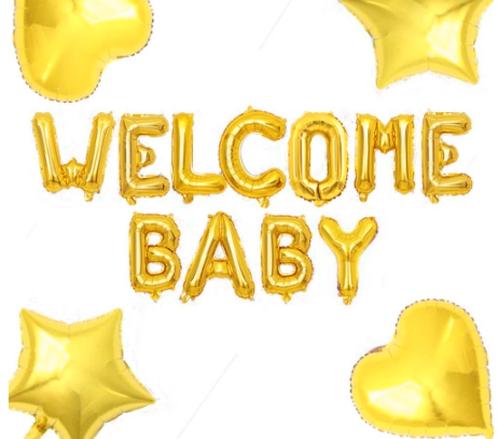Folieballonnen Welcome Baby goud + 2 sterren en 2 harten XL, Hobby en Vrije tijd, Feestartikelen, Geboorte of Huwelijk, Versiering