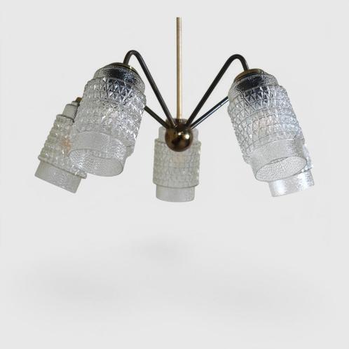 Vintage plafondlamp, kroonluchter - jaren 60, messing, glas, Huis en Inrichting, Lampen | Plafondlampen, Gebruikt, Glas, Metaal