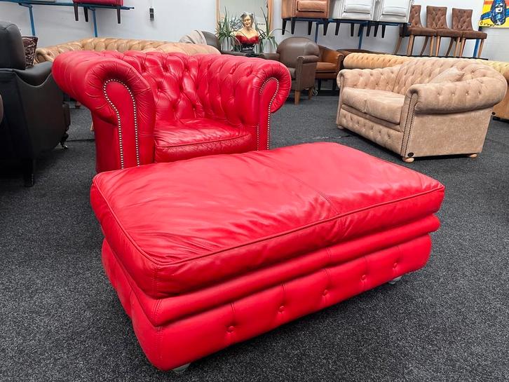 Chesterfield Maarssen Rood leren Chesterfield Stoel & Hocker, Huis en Inrichting, Fauteuils, Zo goed als nieuw, Leer, Ophalen