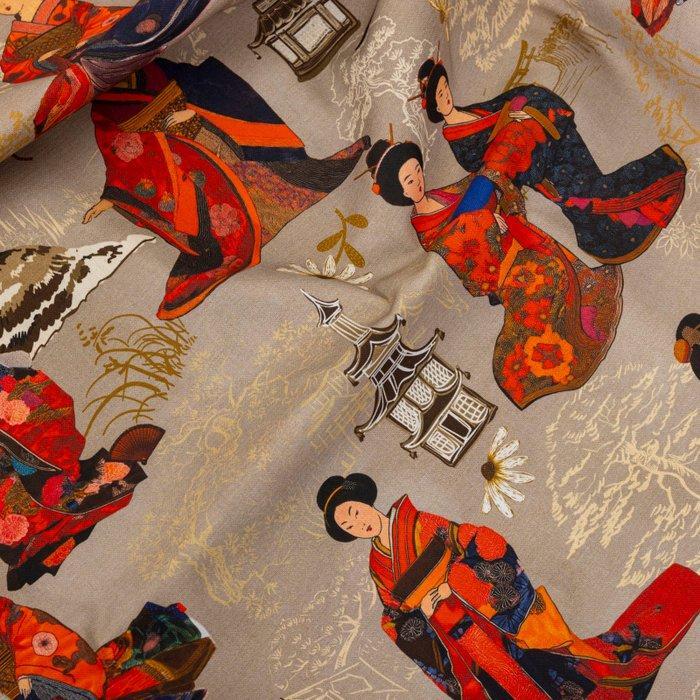 Decoratief textiel - Oosters motief met Geishas - Textiel -, Antiek en Kunst, Antiek | Kleden en Textiel