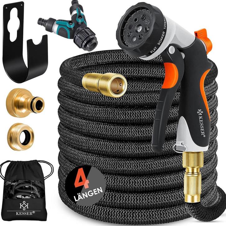 Flexibele Tuinslang - Inc. sproeikop - 30 meter - Zwart, Tuin en Terras, Tuinslangen, Zo goed als nieuw, Verzenden