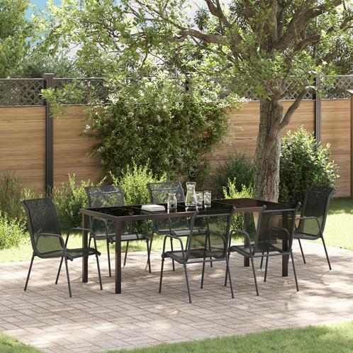 vidaXL 7-delige tuin eettafelset - Zwart Textileen en Staal, Tuin en Terras, Tuinsets en Loungesets, Nieuw, Textileen, Verzenden