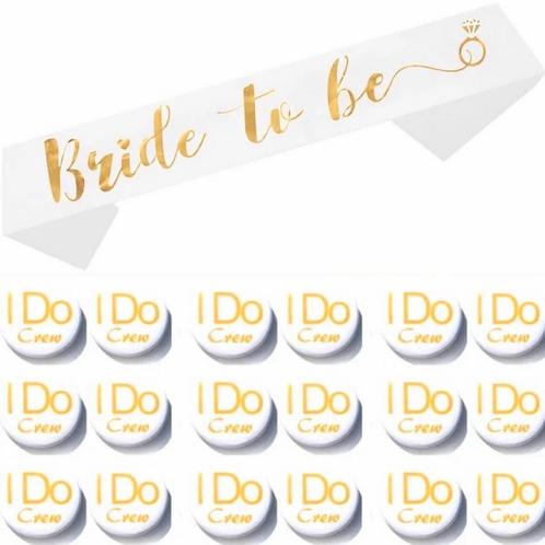 Bride to Be en I Do Crew set met sjerp + buttons wit/goud, Kleding | Dames, Trouwkleding en Trouwaccessoires, Wit, Nieuw, Accessoires