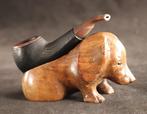 Antieke pijphouder - sculptuur, Teckel - 11 cm - Hout