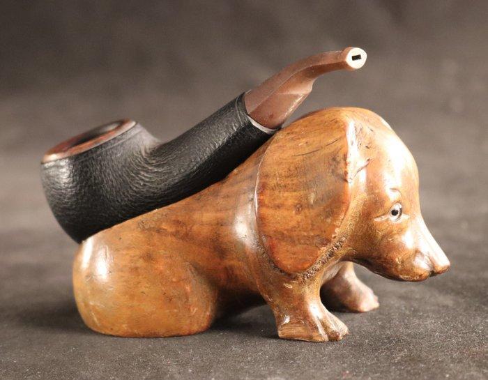 Antieke pijphouder - sculptuur, Teckel - 11 cm - Hout, Antiek en Kunst, Antiek | Overige Antiek