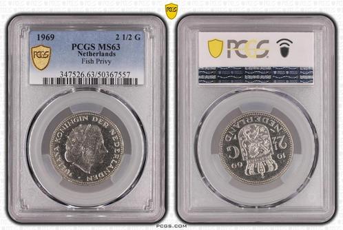 Koningin Juliana 2 1/2 gulden 1969 vis MS63 PCGS, Postzegels en Munten, Munten | Nederland, Losse munt, Koningin Juliana, Verzenden