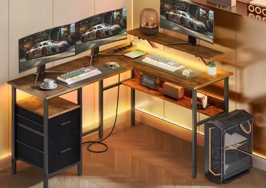 L-vormig bureau met LED, lades, USB en monitorstandaard, Huis en Inrichting, Bureaus, Nieuw, Verzenden