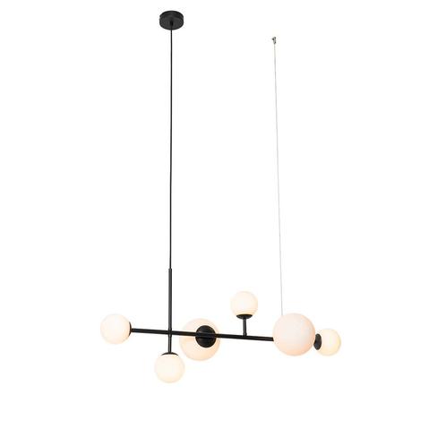 Smart Hanglamp zwart met mat glas langwerpig 6-lichts incl., Huis en Inrichting, Lampen | Hanglampen, Nieuw, Overige materialen