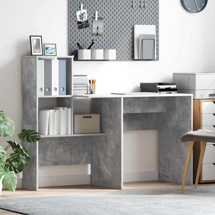 vidaXL Bureau met plank Betongrijs 131,5 x 50 x 106,5 cm, Huis en Inrichting, Bureaus, Nieuw, Verzenden