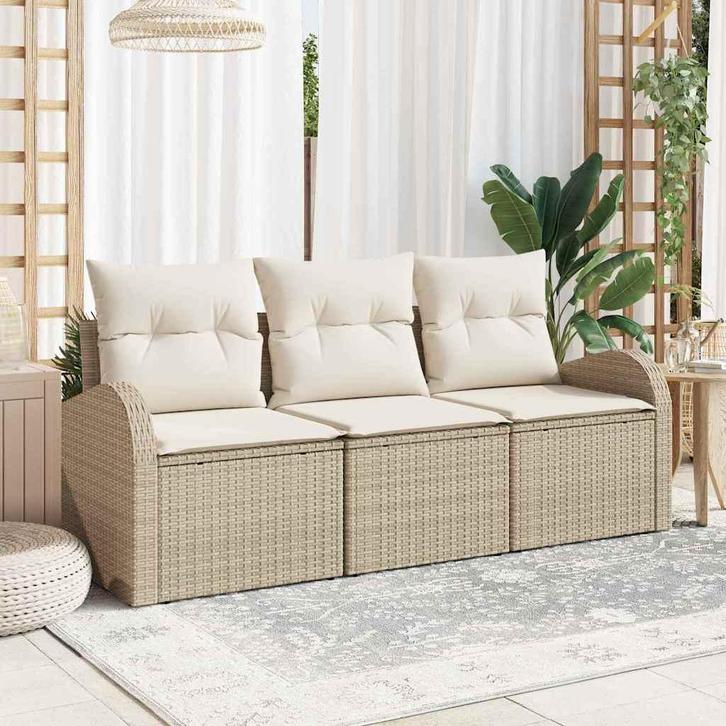 vidaXL Tuin Sofa Set met kussen 3 pcs Beige Poly riet, Tuin en Terras, Tuinsets en Loungesets, Nieuw, Rotan, Verzenden