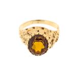 18 Krt. Gouden entourage ring met synthetische oranje saf..., Sieraden, Tassen en Uiterlijk, Gebruikt, Overige kleuren, Ophalen of Verzenden