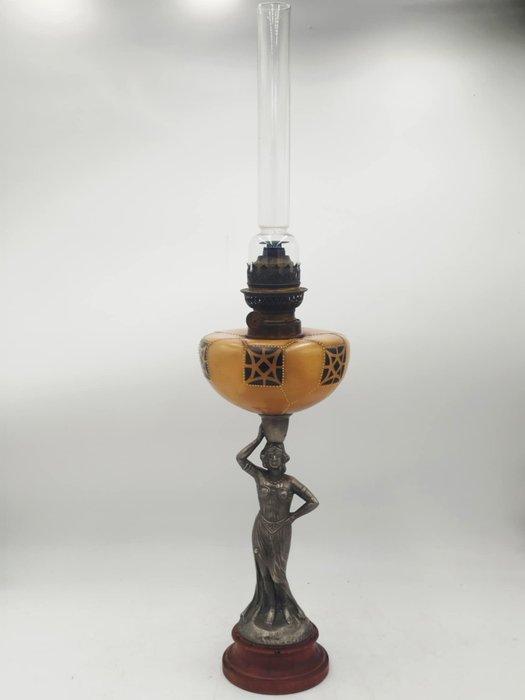 Lamp - Hout, Tin, Glas, Messing - kerosinelamp, Antiek en Kunst, Antiek | Overige Antiek