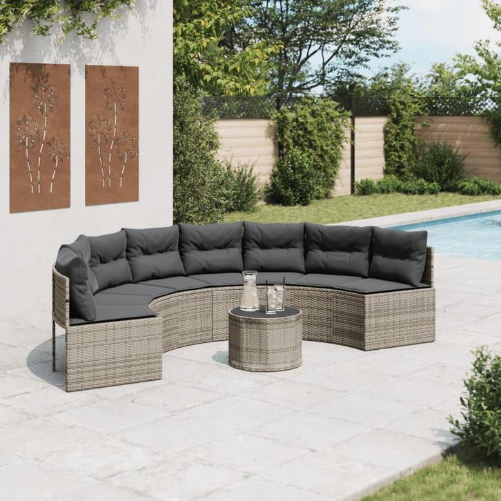 vidaXL Tuinbank met tafel en kussens halfrond poly rattan, Tuin en Terras, Tuinsets en Loungesets, Nieuw, Rotan, Verzenden