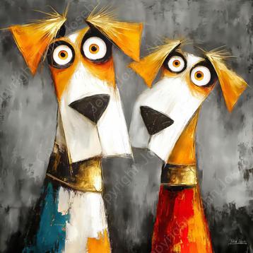 John Joseb -Schilderij grappige honden met grote ogen, humor beschikbaar voor biedingen