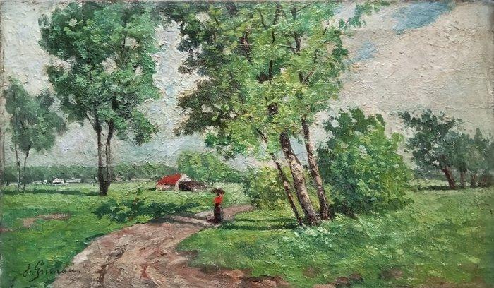 Joseph Grimau (1859 -1938) - Landschap met bomen en weide, Antiek en Kunst, Kunst | Schilderijen | Klassiek