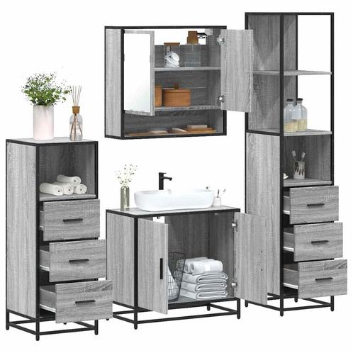 vidaXL 4-delige Badkamermeubelset bewerkt hout grijs sonoma, Huis en Inrichting, Badkamer | Badkamermeubels, Nieuw, Verzenden