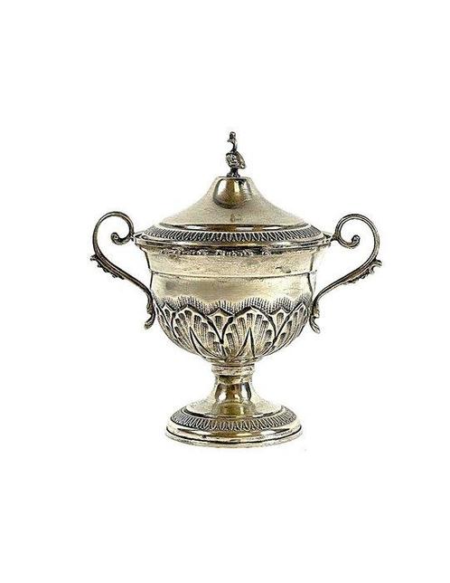Suikerkom (7) - Met 6 theelepels uit zilver 800, gegraveerd, Antiek en Kunst, Antiek | Goud en Zilver