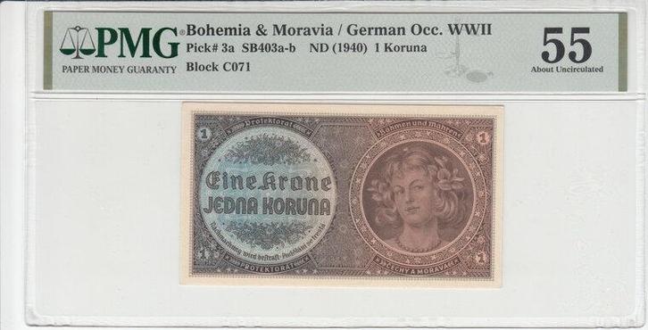Bohemia Moravia P 3a 1 Koruna Nd1940 Pmg 55, Postzegels en Munten, Bankbiljetten | Europa | Niet-Eurobiljetten, Verzenden